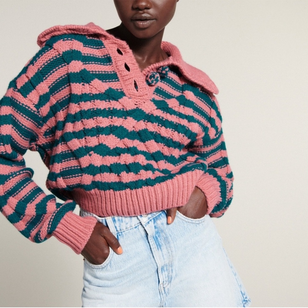 ZARA Striped Cable Knit Sweater in teal pink Peter Pan collar‎ Sz S NWT